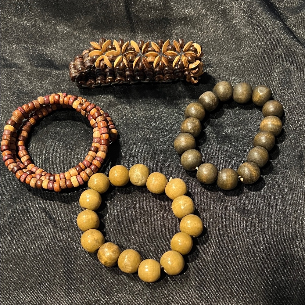 Set of 4 Wooden Bead Bracelets in Brown and Olive Tones